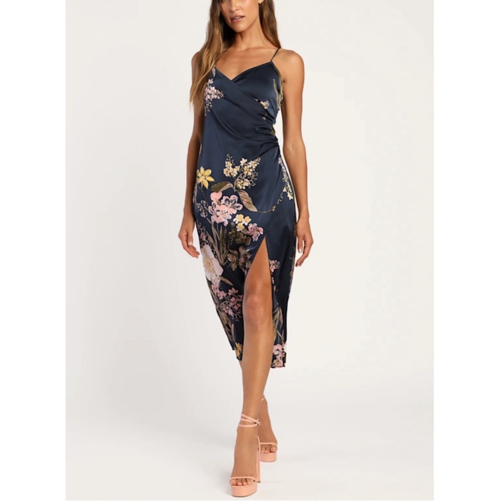 LULUS Remarkable Entrance Navy Blue Floral Print Satin Midi Dress